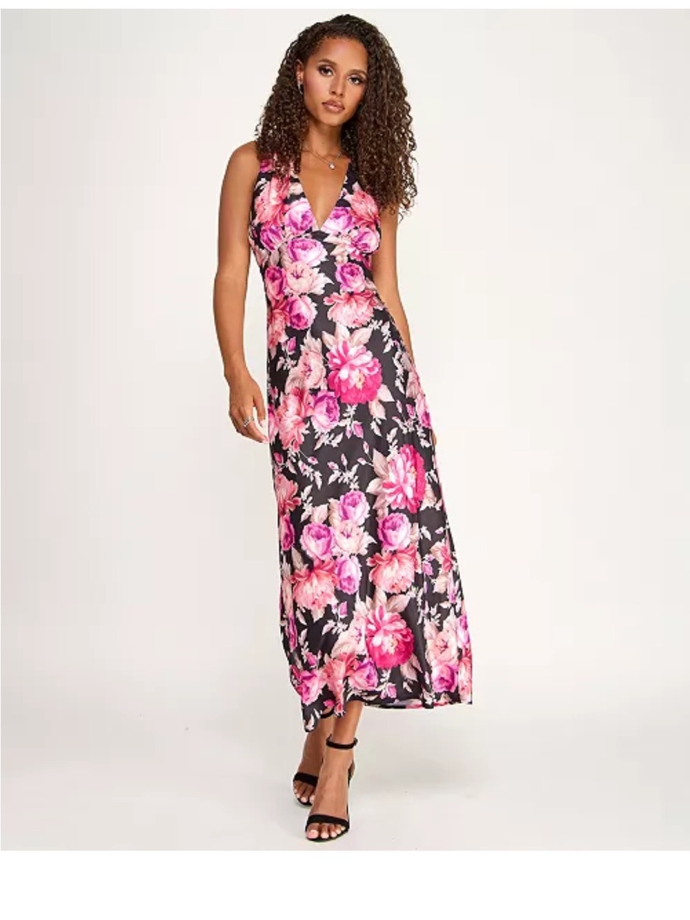 Emerald sundae Floral V-Neck Maxi Dress in Pink and Black